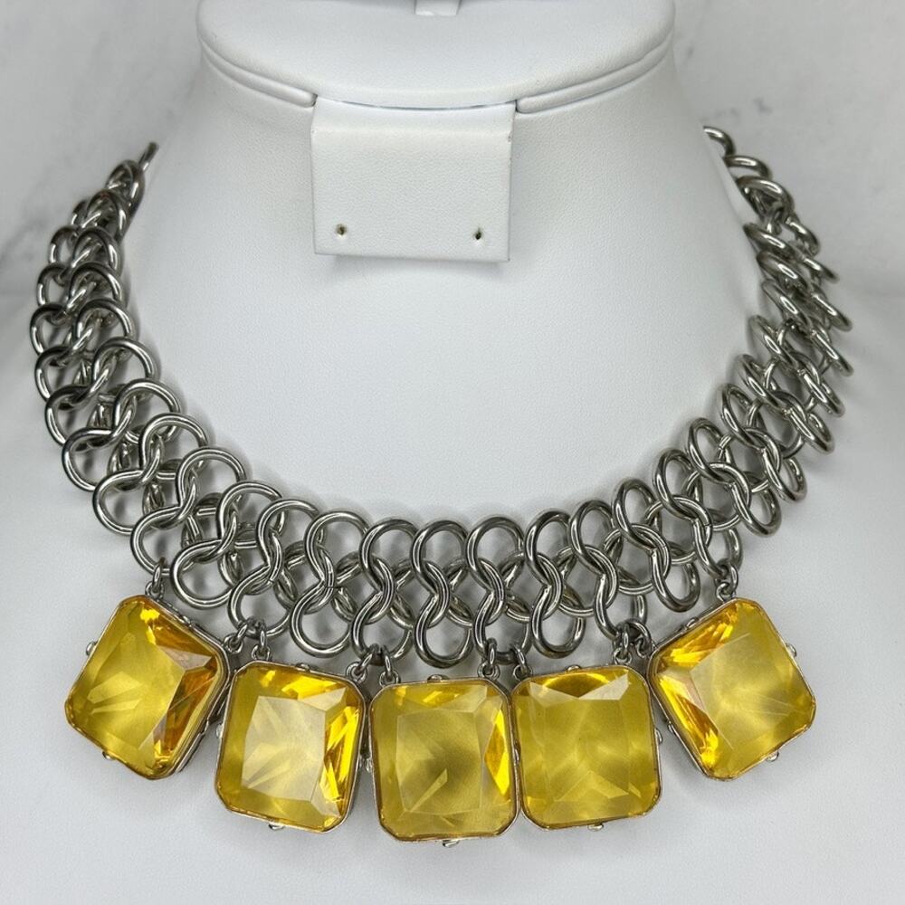 Chico's Chunky Rhinestone Bib Necklace Yellow Silver 16-20in ✨